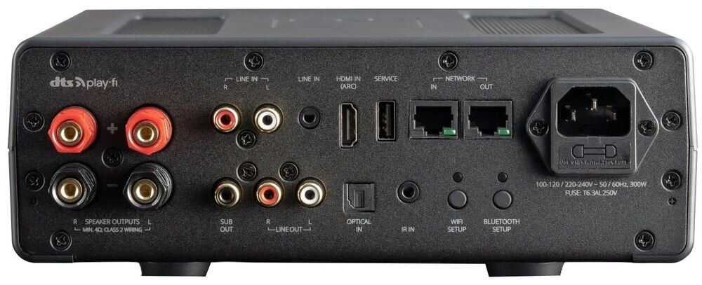 Tył czarnego wzmacniacza z różnymi złączami, w tym HDMI, optycznym, sieciowymi oraz gniazdem zasilania. Widoczne logo \'dts play-fi\'.