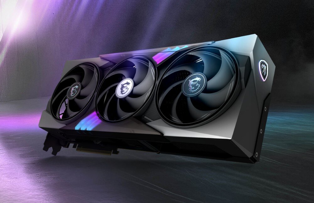 Karta graficzna MSI GeForce RTX 5090 Gaming Trio OC 32GB na ciemnym tle z efektownym podświetleniem LED opis