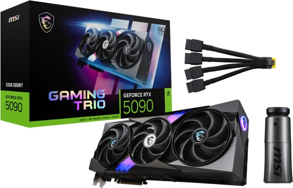 Karta graficzna MSI GeForce RTX 5090 Gaming Trio OC 32GB Zestaw – pudełko, karta graficzna, kabel zasilający oraz podpórka stabilizująca do montażu w obudowie
