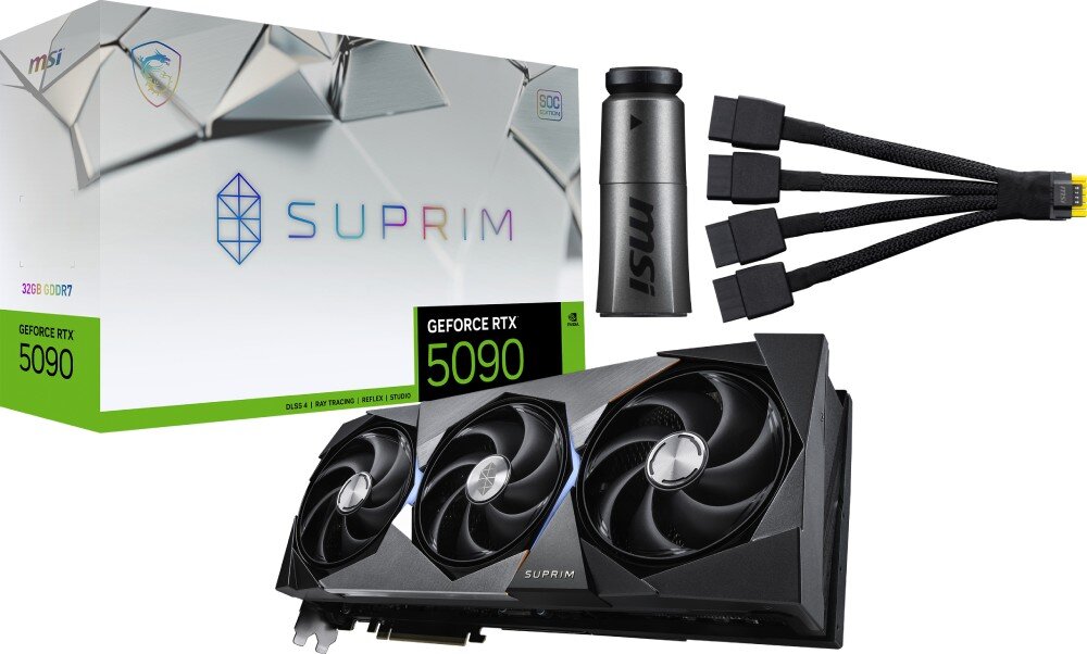 Karta graficzna MSI GeForce RTX 5090 Suprim SOC 32GB Komplet produktu składający się z karty graficznej, białego pudełka z napisem Suprim, metalowego adaptera z logo MSI oraz przewodu z czterema złączami, opakowanie, zestaw