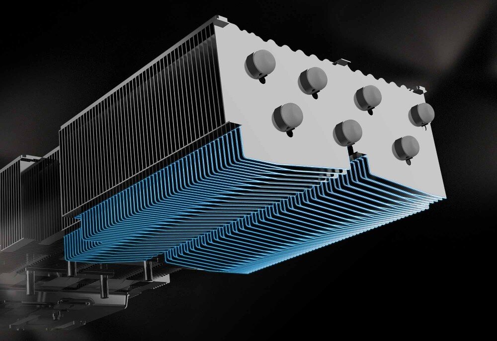 Karta graficzna MSI GeForce RTX 5090 Suprim SOC 32GB Fragment radiatora karty graficznej z wyraźnie zaznaczonymi niebieskimi liniami, podkreślającymi strukturę żebrowania układu chłodzenia, radiator, żebra