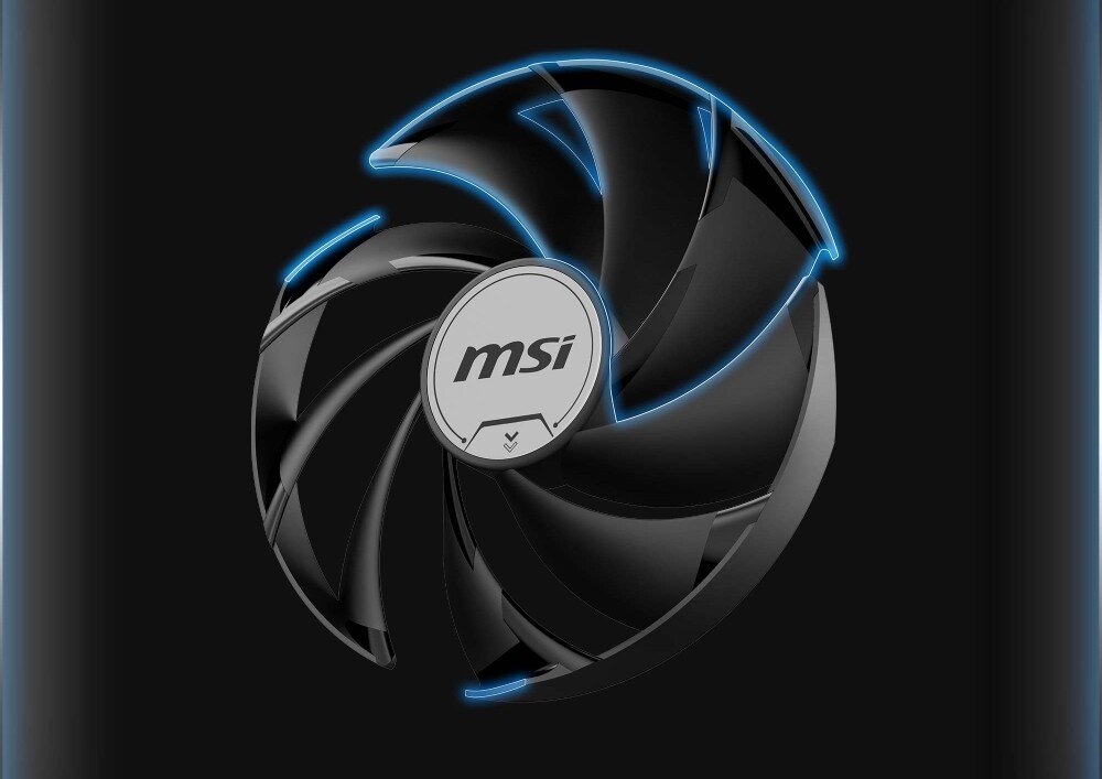 Karta graficzna MSI GeForce RTX 5090 Ventus 3X OC 32GB Pojedynczy wentylator karty graficznej na ciemnym tle, z podświetlonymi na niebiesko krawędziami łopatek, chłodzenie, wentylatory
