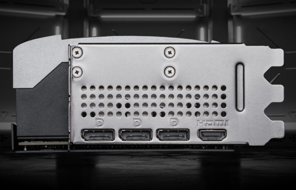 Karta graficzna MSI GeForce RTX 5090 Ventus 3X OC 32GB Panel wyjść wideo karty graficznej z trzema portami DisplayPort i jednym HDMI, z perforowaną powierzchnią wentylacyjną obok złączy, porty, gniazda