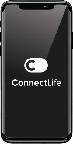 Smartfon z wyświetlaczem pokazującym logo ConnectLife na czarnym tle.