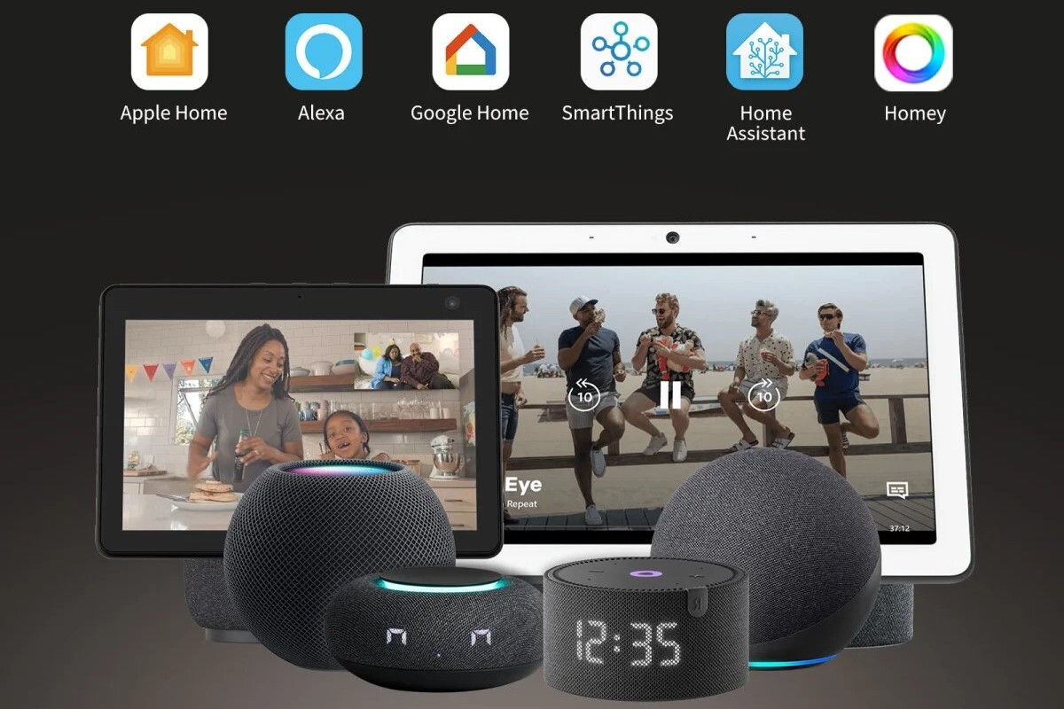 Przełącznik ścienny AQARA Display Switch V1 WS-K02D Zigbee/Bluetooth, integracja, aplikacje, zigbee, komponenty, logotypy aplikacji które współdziałają z produktem, na pierwszym planie głośniki, tablety, notepady