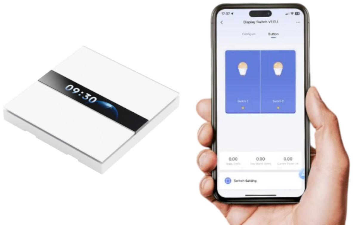 Przełącznik ścienny AQARA Display Switch V1 WS-K02D Zigbee/Bluetooth, ekologia, raporty, zużycie energii, Ręka trzyma smartfon na którym wyświetlana jest aplikacja sterownika, obok sterownik na białym tle