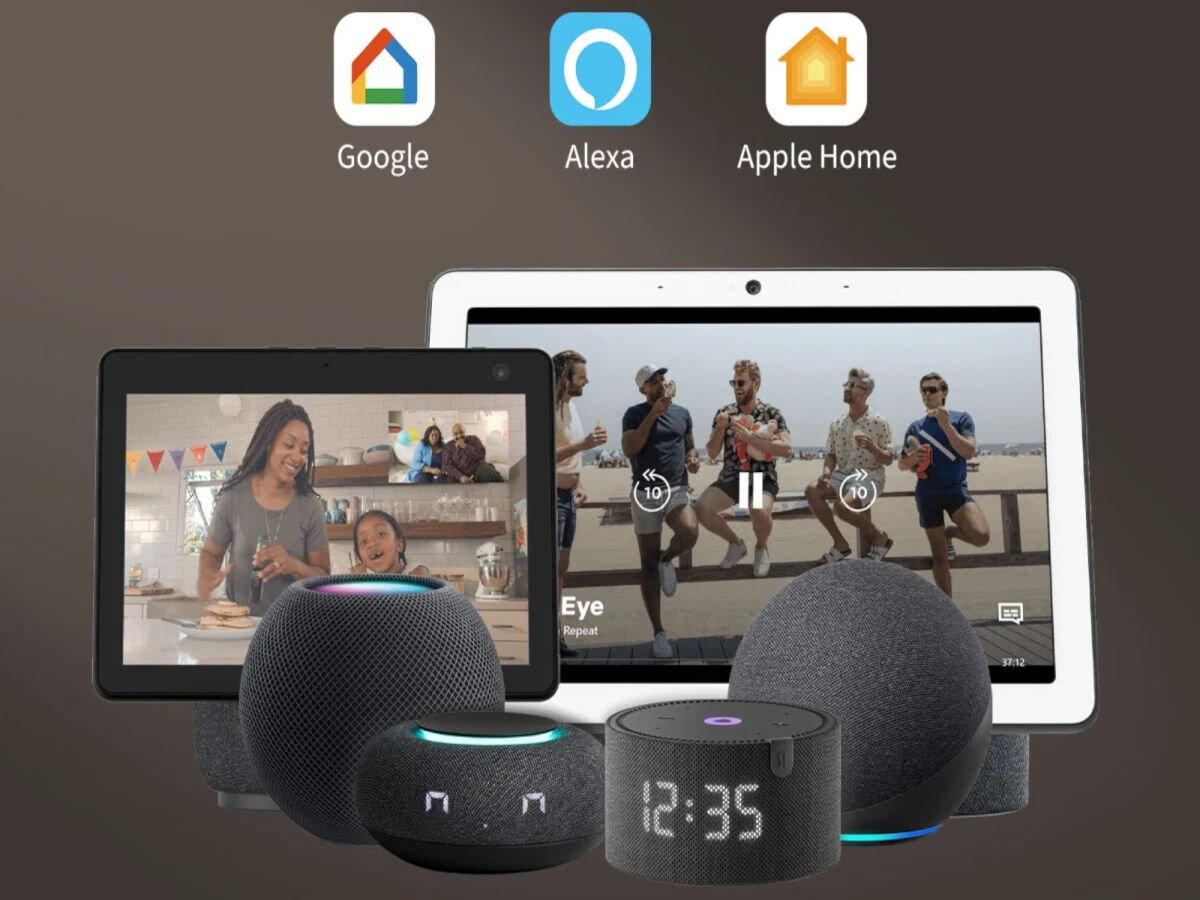 Inteligentny sterownik AQARA Touchscreen Dial V1 EU DS-K01D, wifi, stabilność, aplikacje, kompatybilność, Na zdjęciu logotypy aplikacji działających z sterownikiem, na pierwszym planie tablet, notepad, głośniki