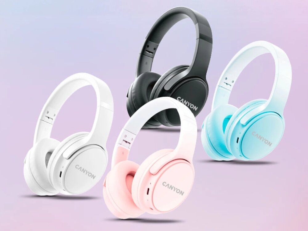 Słuchawki nauszne CANYON OnRiff 4 - cztery kolory sluchawek - rozowy- niebieski - bialy - czarny design komfort lekkość dźwięk jakość wrażenia słuchowe ergonomia lekkość sport aktywność podróże czas pracy działanie akumulator