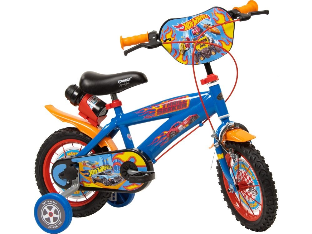Rower dziecięcy TOIMSA Hot Wheels 12 cali dla chłopca rower na białym tle widoczny z boku dla dzieci w wieku od 3 do 5 lat trwałość wytrzymałość mocna konstrukcja kolorowa grafika z samochodami Hot Wheels
