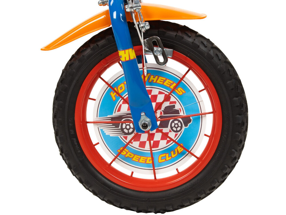 Rower dziecięcy TOIMSA Hot Wheels 12 cali dla chłopca zbliżenie na przednie koło zdjęcie na białym tle koła pompowane w rozmiarze 12 cali mocne obręcze z wysokiej jakości tworzywa sztucznego dobra przyczepność aluminiowe obręcze zachowanie regularnego kształtu kół stabilne trzymanie opony bezpieczna jazda błotniki elegancki osłaniają odzież wygląd regularne sprawdzanie ciśnienia powietrza wartość na bocznej części opony