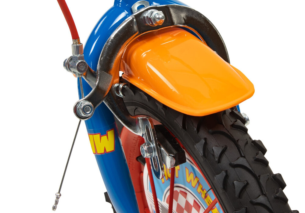 Rower dziecięcy TOIMSA Hot Wheels 12 cali dla chłopca zbliżenie na przedni hamulec podstawa bezpieczeństwa przedni hamulec typu V-Brake tylny hamulec bębnowy lekkie duża siła hamowania