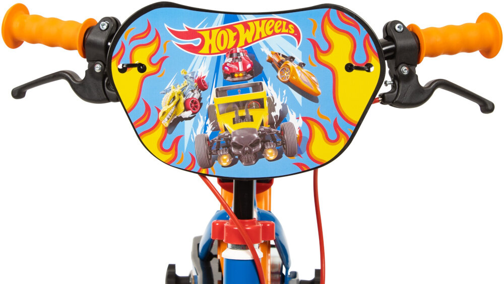 Rower dziecięcy TOIMSA Hot Wheels 12 cali dla chłopca zbliżenie na koszyk w niebiesko-czerwonej kolorystyce urocza przyciąga wzrok kolorowa plakietka pijazdy Hot Wheels
