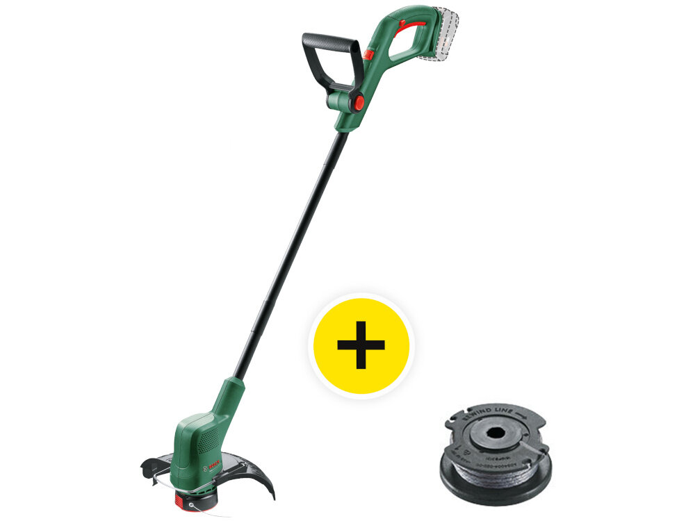 Podkaszarka akumulatorowa BOSCH EasyGrassCut 18V-230 0.600.8C1.A06 zestaw na białym tle w zestawie podkaszarka i szpula z żyłką tnącą