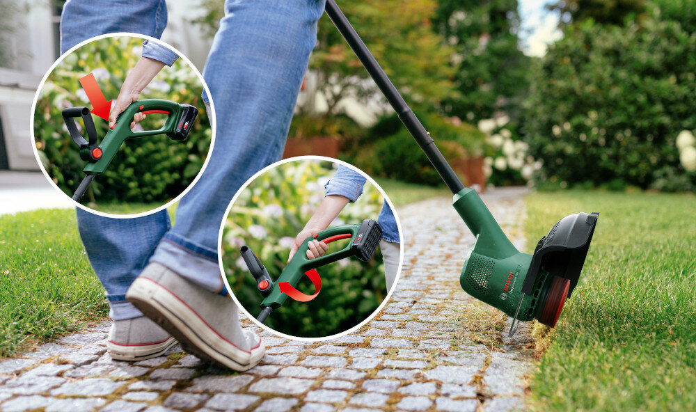 Podkaszarka akumulatorowa BOSCH EasyGrassCut 18V-230 0.600.8C1.A06 ogród osoba podcina trawę wzdłuż chodnika odwrócona głowica tnąca obok dwa zdjęcia w kółkach pokazujące obsługę obrotu głowicy system EdgeSimple koszenie poziome i koszenie pionowe dotknąć i przekręcić uchwyt automatyczna zmiana pozycji duży komfort pracy oszczędność czasu
