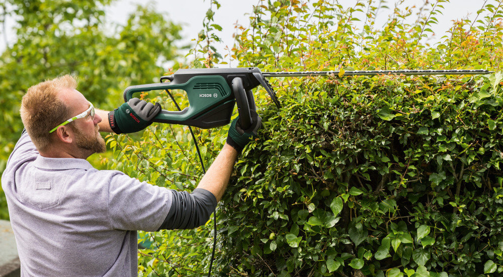 Nożyce do żywopłotu BOSCH AdvancedHedgeCut 70 0.600.8C0.905 ogród osoba tnie żywopłot trzymając nożyce nad głową waga 4,1 kg ergonomiczna rękojeść wygodne operowanie urządzeniem szybkie i dokładne przycinanie żywopłotu