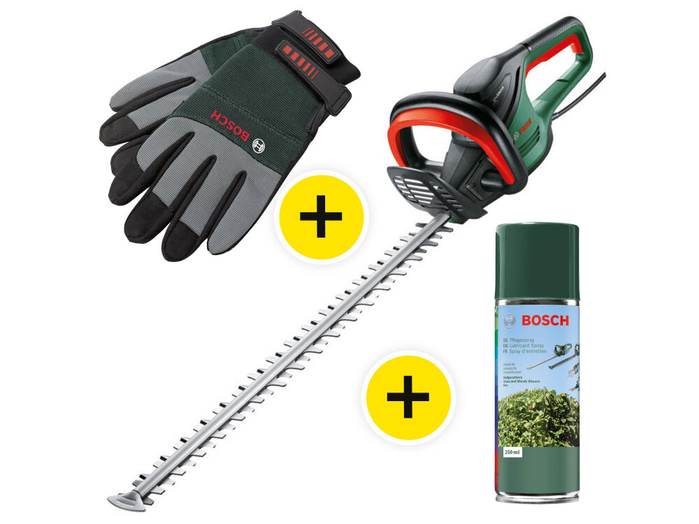 Nożyce do żywopłotu BOSCH AdvancedHedgeCut 70 0.600.8C0.905 zestaw na białym tle w zestawie nożyce rękawice robocze spray do konserwacji ostrza dokumentacja