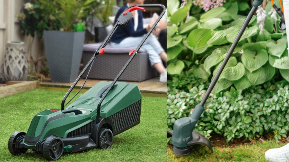 Kosiarka akumulatorowa BOSCH EasyMower 18V-32-200 + Podkaszarka EasyGrassCut 18V-26 06008B9D02 ogród trawnik dwa zdjęcia na jednym stoi kosiarka na drugim widać podkaszarkę zestaw dwóch narzędzi zasilanie akumulatorowe wszechstronne zastosowanie