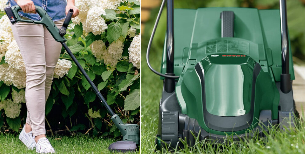 Kosiarka akumulatorowa BOSCH EasyMower 18V-32-200 + Podkaszarka EasyGrassCut 18V-26 06008B9D02 ogród trawnik dwa zdjęcia na jednym stoi kosiarka na drugim widać podkaszarkę wygodne i ciche koszenie trawy bez kabli do ogrodów o powierzchni do 200 m² do precyzyjnego przycinania trawy i chwastów kompleksowe rozwiązanie
