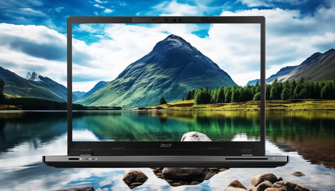 Laptop ACER TravelMate P2 z ekranem wklejonym w górskie tło. - wyświetlacz WUXGA, ACER BlueLightShield 