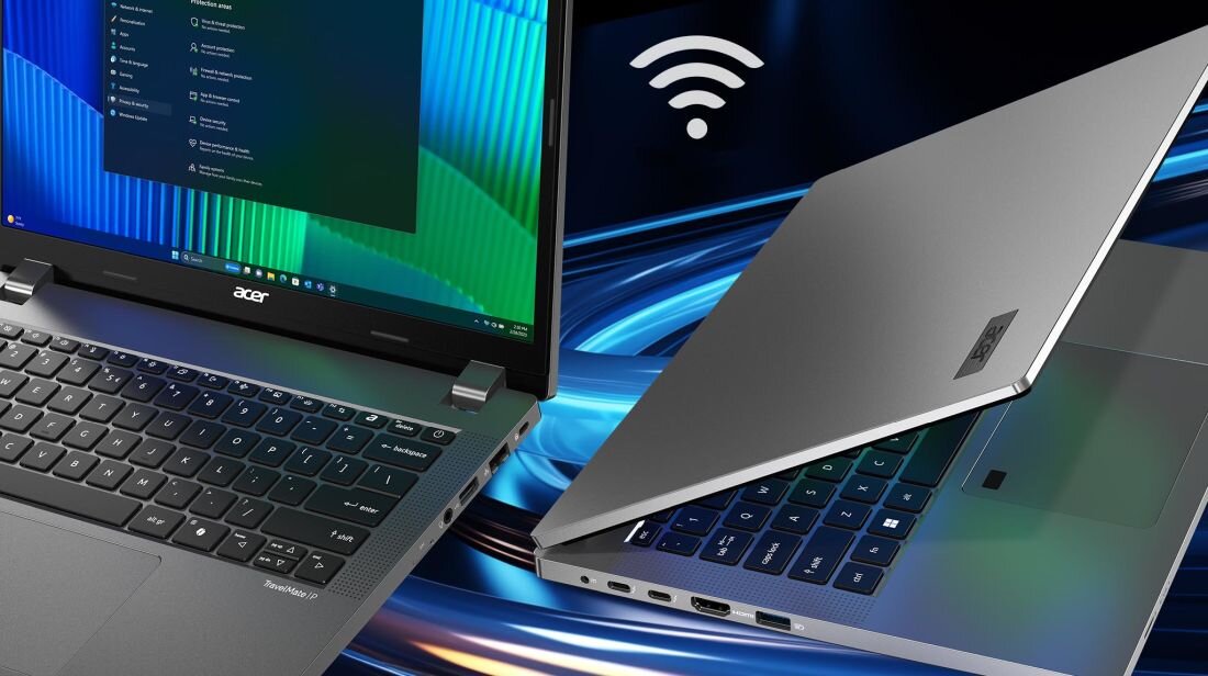 Laptop ACER TravelMate P2 z pokazanymi złączami oraz ikoną Wi-Fi. - Wi-Fi 6E HDMI USB Type-C z Thunderbolt 4 