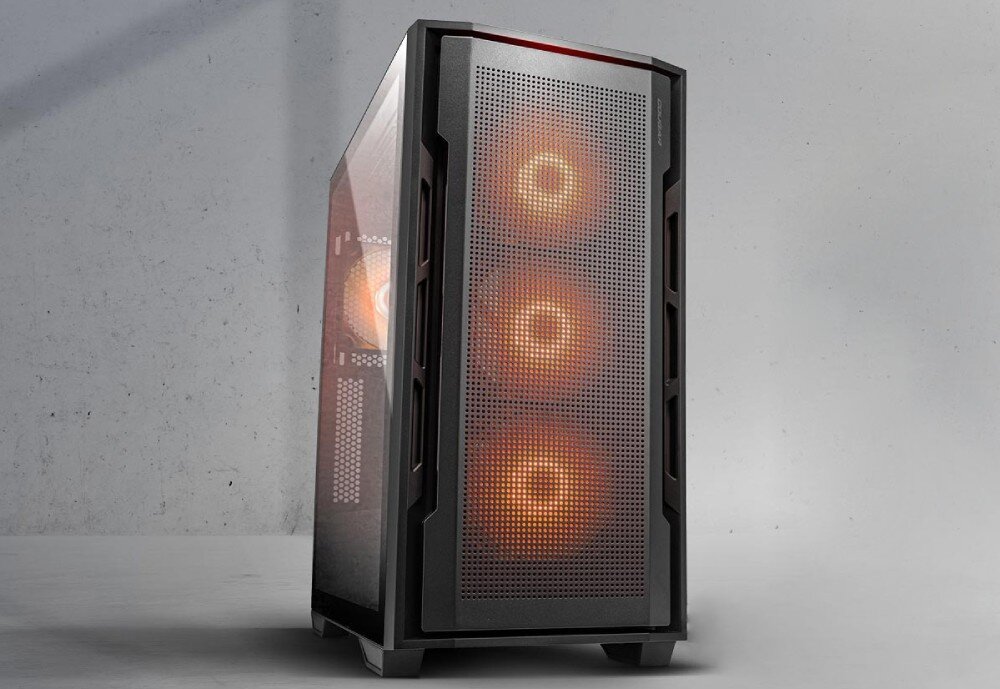 Komputer MAD DOG COUGAR-UNIFACE-I02WR32WP Czarna obudowa komputera z podświetlanymi wentylatorami, perforowanym frontem i bocznym panelem z hartowanego szkła