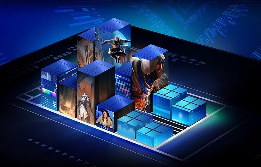 Komputer MAD DOG COUGAR-UNIFACE-I02WR32WP Wizualizacja architektury procesora Intel, pokazująca różne zastosowania, takie jak gry i multimedia