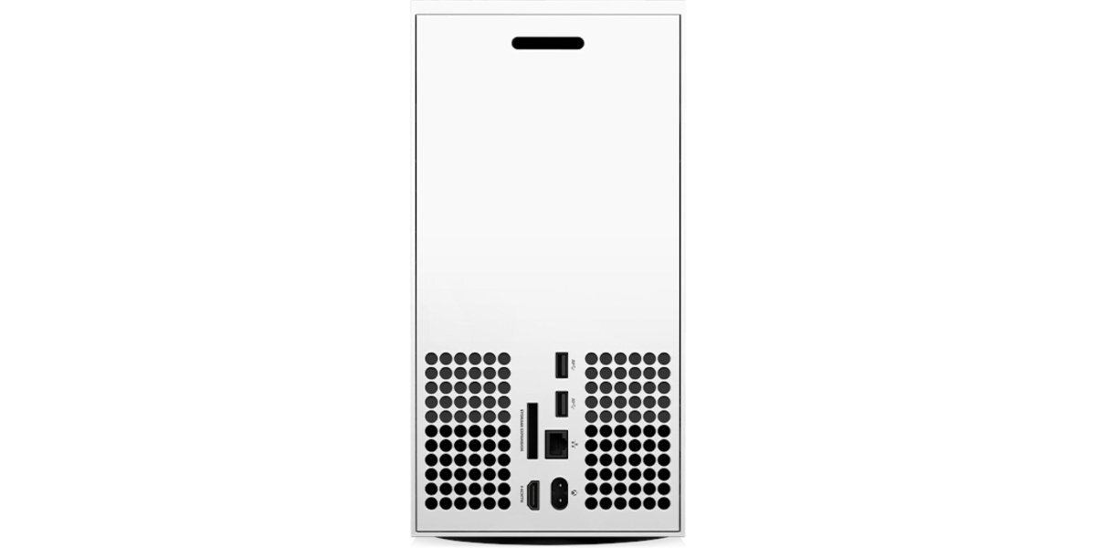 Tył konsoli XBOX Series X na białym tle.