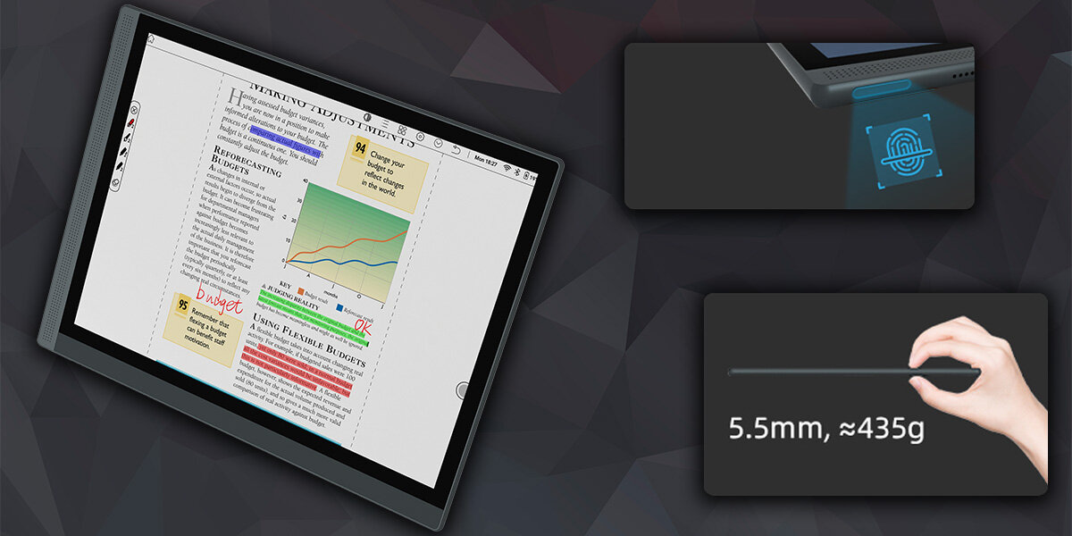 Czytnik Bigme B1051C - czytnik na tle z pokazana waga, lekkosc, konstrukcja, urzadzenie, obudowa, tablet