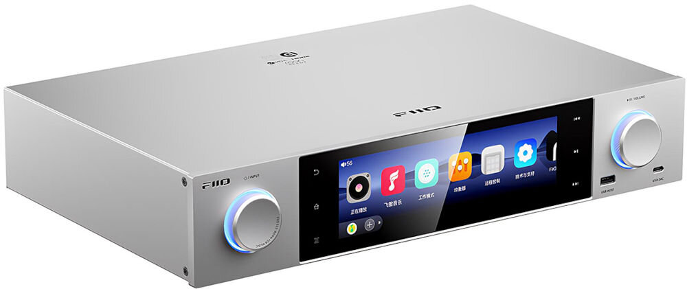Streamer odtwarzacz sieciowy FIIO S15 sterowanie ekran dotykowy aplikacja mobilna pilot Bluetooth, odtwarzacz po skosie na białym tle