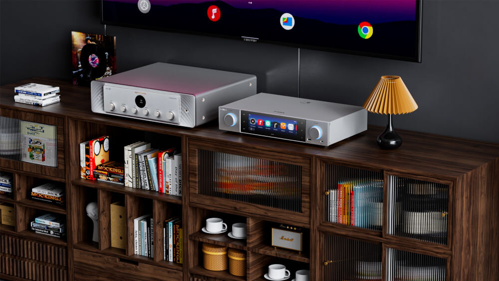 Streamer odtwarzacz sieciowy FIIO S15 obsługa Roon Ready AirPlay DLNA microSD USB NAS, odtwarzacz stojący na komodzie pod zawieszonym telewizorem