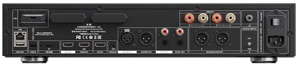 Streamer odtwarzacz sieciowy FIIO S15 XMOS XU316 USB DAC 768kHz 32bit DSD512, odtwarzacz od tyłu na białym tle