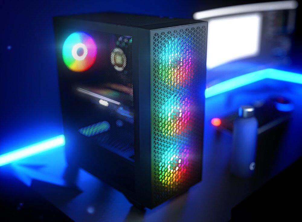 Obudowa LOGIC Dart Pro ARGB Midi Obudowa komputera z podświetlanymi wentylatorami w ciemnym pomieszczeniu. W tle znajduje się biurko z monitorem oraz niebieskie oświetlenie LED, opis