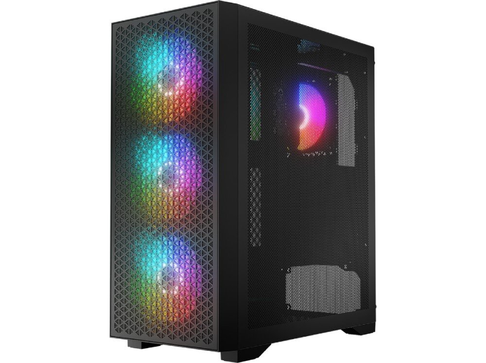 Obudowa LOGIC Dart Pro ARGB Midi Czarna obudowa komputera z siatkowym panelem przednim i trzema wentylatorami RGB. Przez boczny panel z siatki widać wnętrze z dodatkowym wentylatorem, wentylacja, zalety, cechy