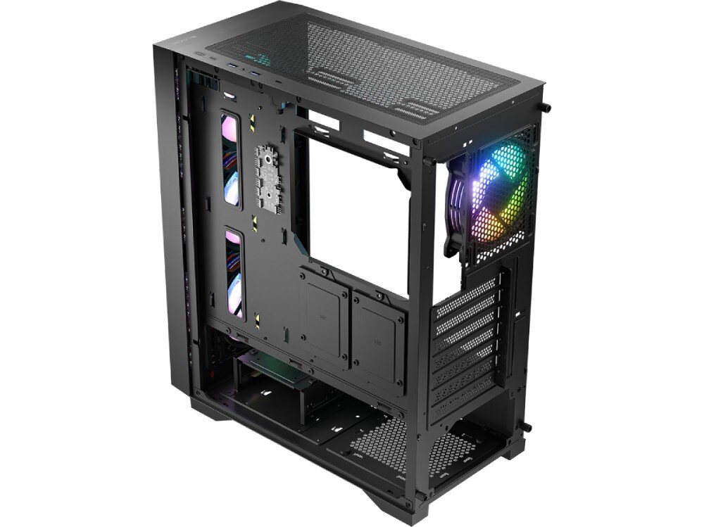 Obudowa LOGIC Dart Pro ARGB Midi Wnętrze obudowy komputera bez zamontowanych podzespołów. Widać miejsce na płytę główną, karty rozszerzeń, wentylatory, pojemność, chłodzenie wodne