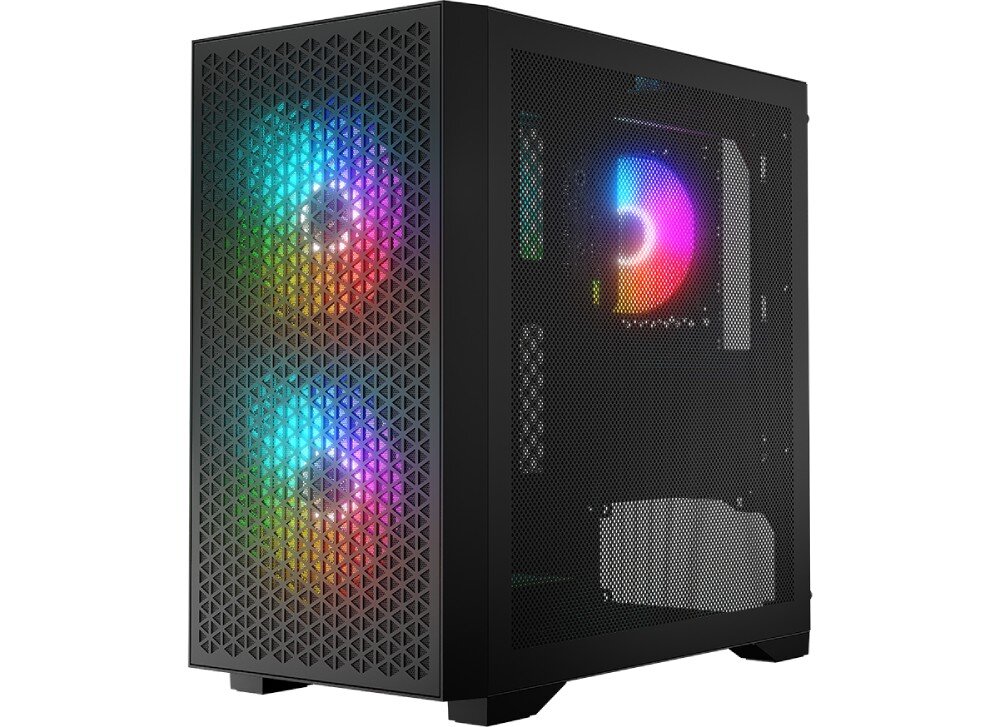 Obudowa LOGIC Dart Pro ARGB Mini Czarny Zdjęcie przedstawia czarną obudowę komputera stacjonarnego z siatkowymi panelami bocznymi i przednim. Widoczne są trzy wentylatory wyposażone w wielobarwne oświetlenie RGB, cechy, zalety, wielkość