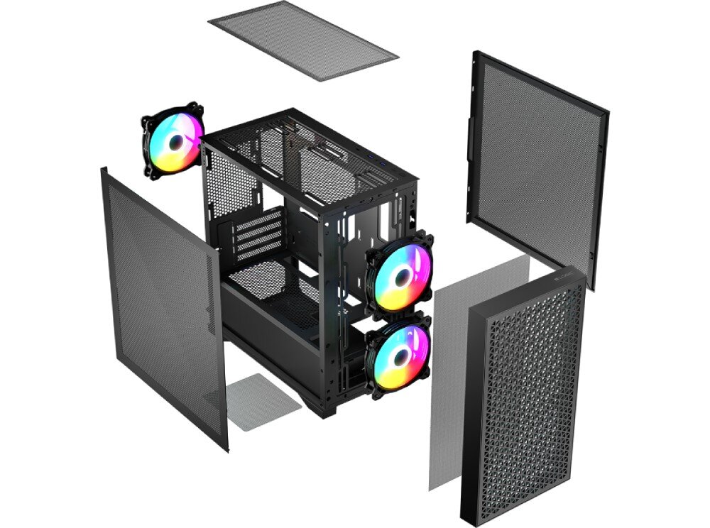Obudowa LOGIC Dart Pro ARGB Mini Czarny Grafika przedstawia rozłożoną na części obudowę komputera stacjonarnego, wentylacja, wentylatory, chłodzenie
