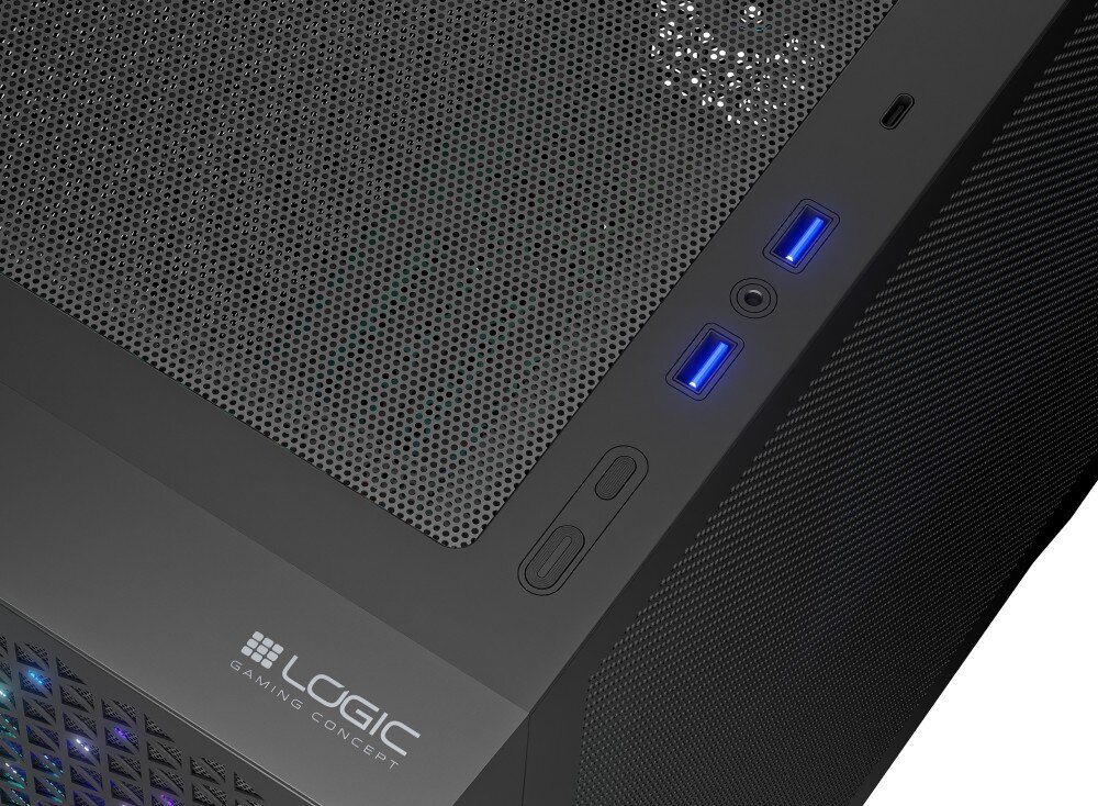 Obudowa LOGIC Dart Pro ARGB Mini Czarny Zdjęcie przedstawia górną część obudowy komputera z widocznymi portami USB, przyciskiem zasilania oraz wejściem audio, porty, złącza