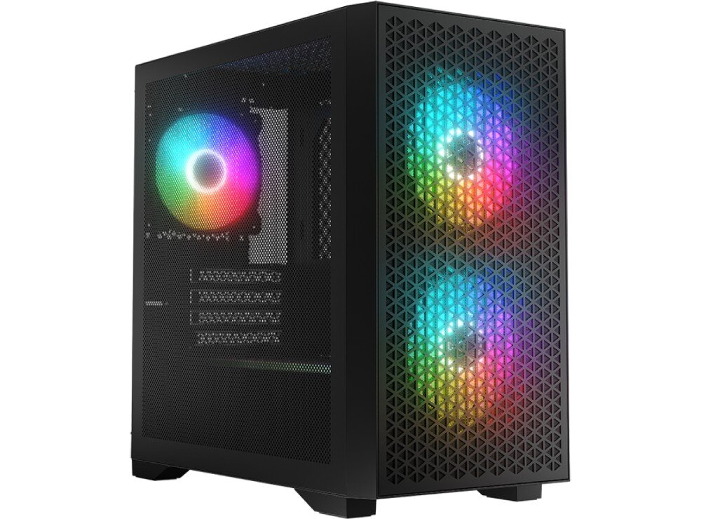 Obudowa LOGIC Dart Pro ARGB Mini Czarny Zdjęcie pokazuje obudowę komputera z przodu i boku. Wyraźnie widoczne są trzy kolorowo podświetlone wentylatory RGB oraz panel z przewiewnej siatki, wygląd, podświetlenie