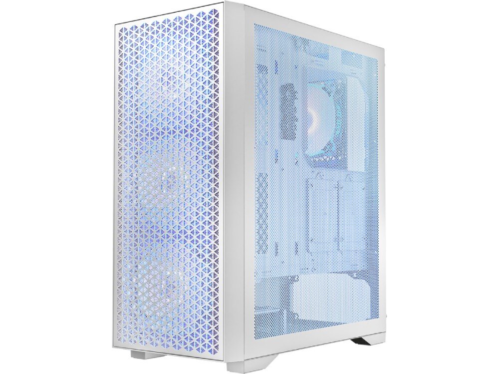 Obudowa LOGIC Dart Pro ARGB Midi Biała obudowa komputera z siatkowym panelem przednim i trzema wentylatorami RGB. Przez boczny panel z siatki widać wnętrze z dodatkowym wentylatorem, wentylacja, zalety, cechy
