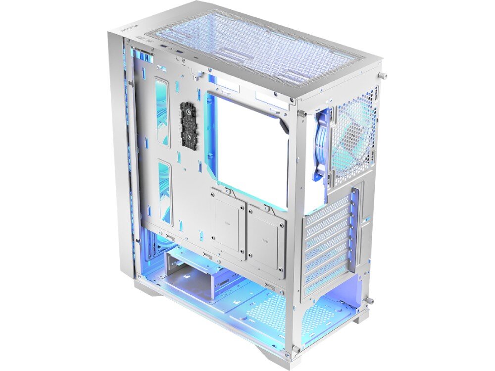 Obudowa LOGIC Dart Pro ARGB Midi Wnętrze obudowy komputera bez zamontowanych podzespołów. Widać miejsce na płytę główną, karty rozszerzeń, wentylatory, pojemność, chłodzenie wodne