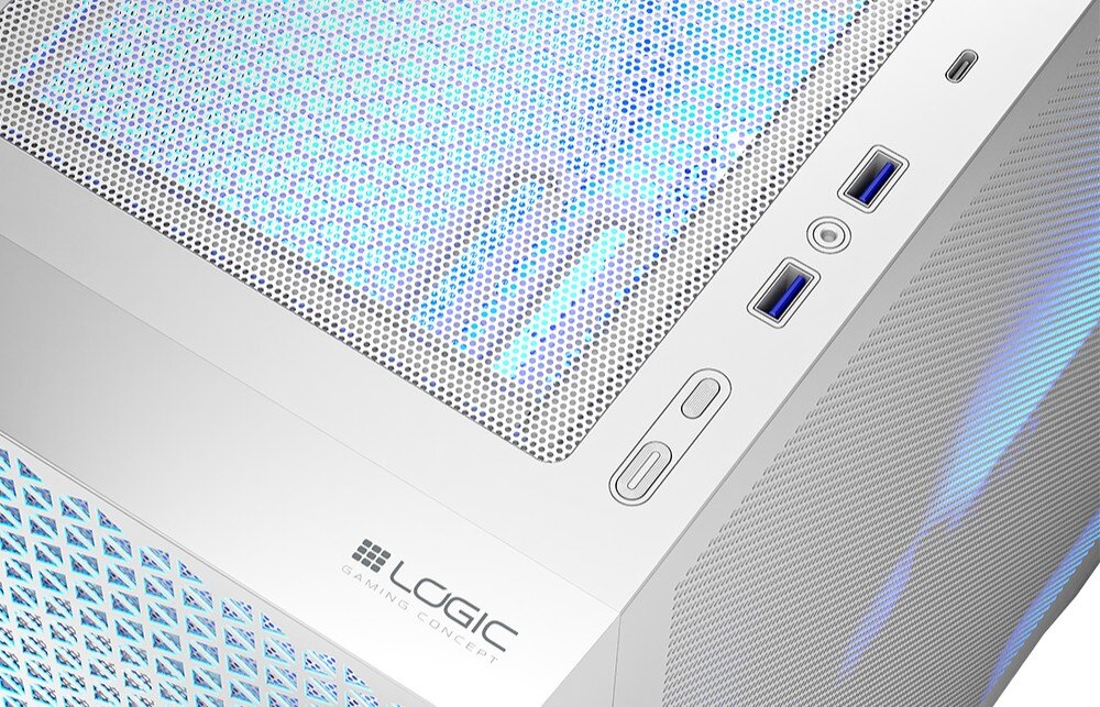 Obudowa LOGIC Dart Pro ARGB Midi Zbliżenie na górny panel obudowy komputera. Znajdują się na nim dwa porty USB, gniazdo słuchawkowe, przyciski oraz perforowana powierzchnia wentylacyjna, porty, gniazda, przyciski