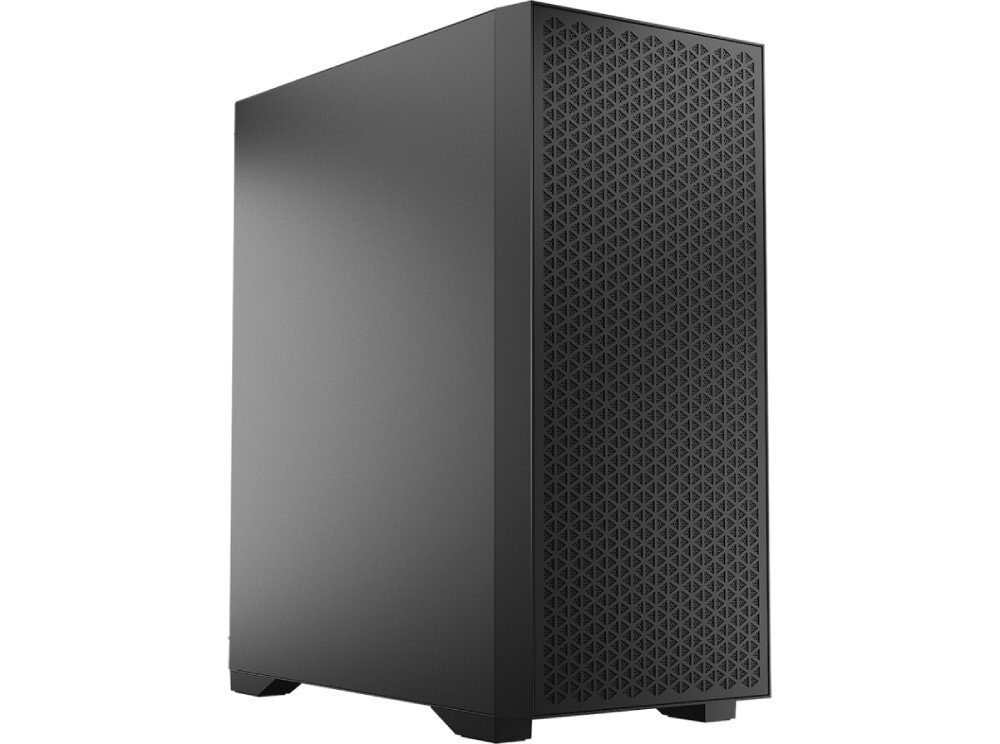 Obudowa LOGIC Dart Pro Solid Midi Czarna obudowa komputera w pozycji pionowej na białym tle, widoczny panel frontowy z ażurowym wzorem, boczne panele, filtry