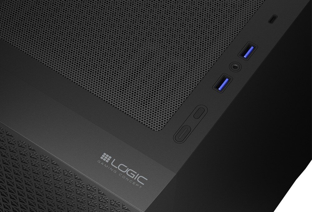 Obudowa LOGIC Dart Pro Solid Midi Zbliżenie na górny panel obudowy z perforowaną siatką, przyciskami oraz portami USB; widoczne logo producenta, porty, gniazda
