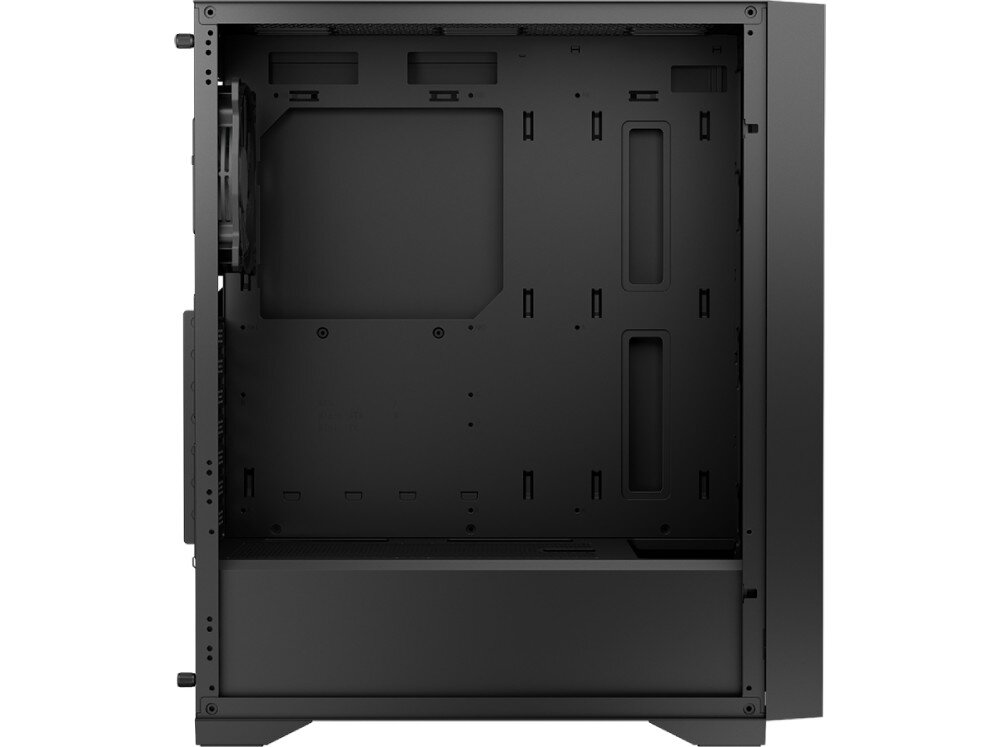 Obudowa LOGIC Dart Pro Solid Midi Wnętrze obudowy komputera pokazane od strony bocznej bez zamontowanych komponentów; widoczne otwory montażowe i przestrzeń na zasilacz, kompatybilność, miejsce na dyski, karty graficzne