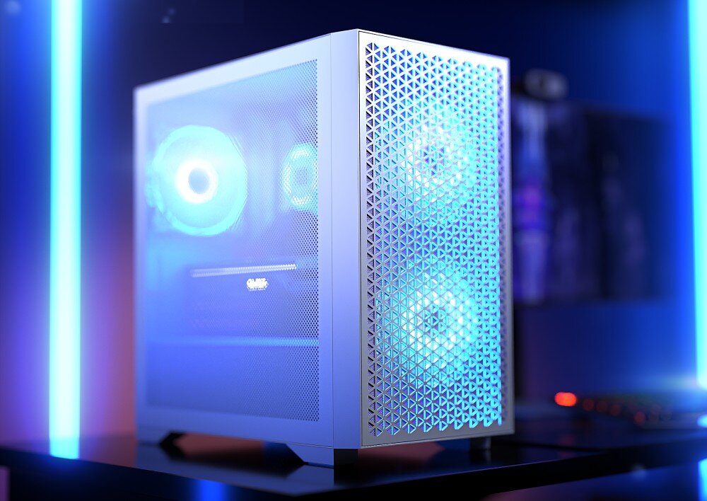 Obudowa LOGIC Dart Pro ARGB Mini Biały Zdjęcie przedstawia komputer stacjonarny umieszczony na biurku z podświetleniem LED. Obudowa ma widoczne wentylatory z kolorowym oświetleniem RGB. Na biurku leżą również klawiatura i mysz komputerowa, opis