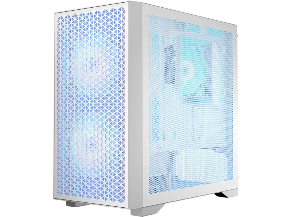Obudowa LOGIC Dart Pro ARGB Mini Biały Zdjęcie przedstawia obudowę komputera stacjonarnego z siatkowymi panelami bocznymi i przednim. Widoczne są trzy wentylatory wyposażone w wielobarwne oświetlenie RGB, cechy, zalety, wielkość