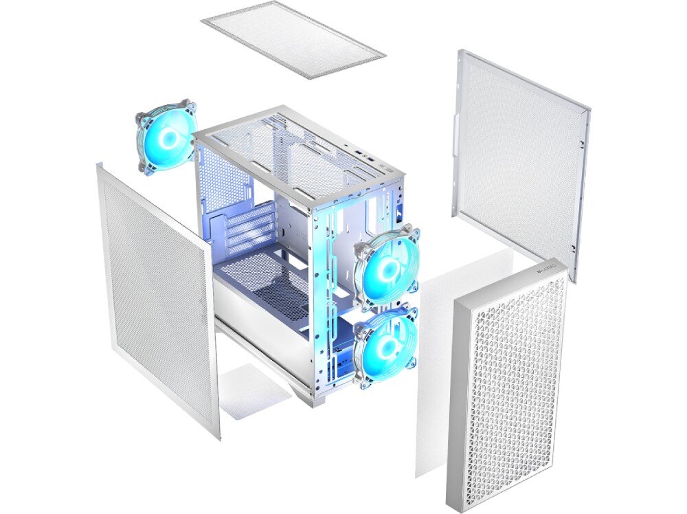 Obudowa LOGIC Dart Pro ARGB Mini Biały Grafika przedstawia rozłożoną na części obudowę komputera stacjonarnego, wentylacja, wentylatory, chłodzenie