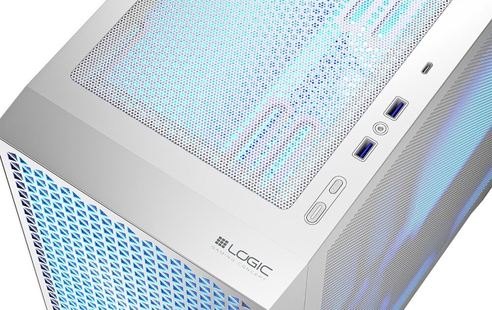 Obudowa LOGIC Dart Pro ARGB Mini Biały Zdjęcie przedstawia górną część obudowy komputera z widocznymi portami USB, przyciskiem zasilania oraz wejściem audio, porty, złącza