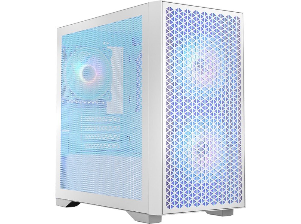 Obudowa LOGIC Dart Pro ARGB Mini Biały Zdjęcie pokazuje obudowę komputera z przodu i boku. Wyraźnie widoczne są trzy kolorowo podświetlone wentylatory RGB oraz panel z przewiewnej siatki, wygląd, podświetlenie