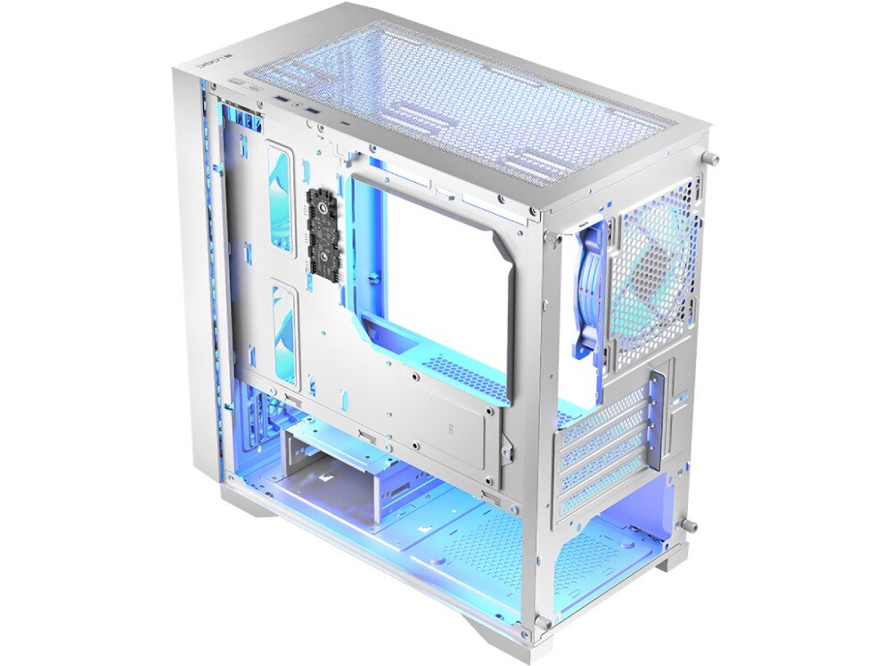 Obudowa LOGIC Dart Pro ARGB Mini Biały Zdjęcie przedstawia wnętrze obudowy komputera bez zamontowanych podzespołów, kompatybilność, dyski, płyty główne, przestrzeń